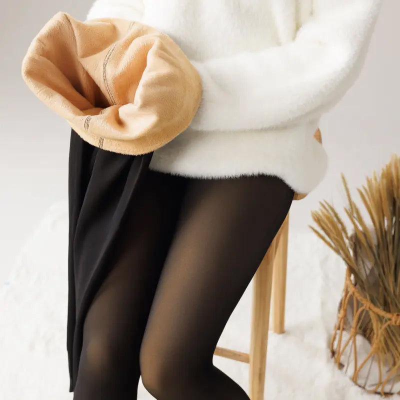 Fleece Lined Tights One-Lined Seams both front and back! Womenswear Size XS - 4XL Thermal Winter Basic Tights Leggings Thick Semi-Transparent Casual Underwear Pantyhose Closed Foot Available in Light Mid Deep Skin Tone 001