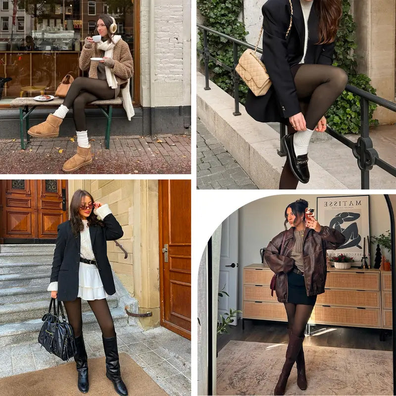 Fleece Lined Tights One-Lined Seams both front and back! Womenswear Size XS - 4XL Thermal Winter Basic Tights Leggings Thick Semi-Transparent Casual Underwear Pantyhose Closed Foot Available in Light Mid Deep Skin Tone 001