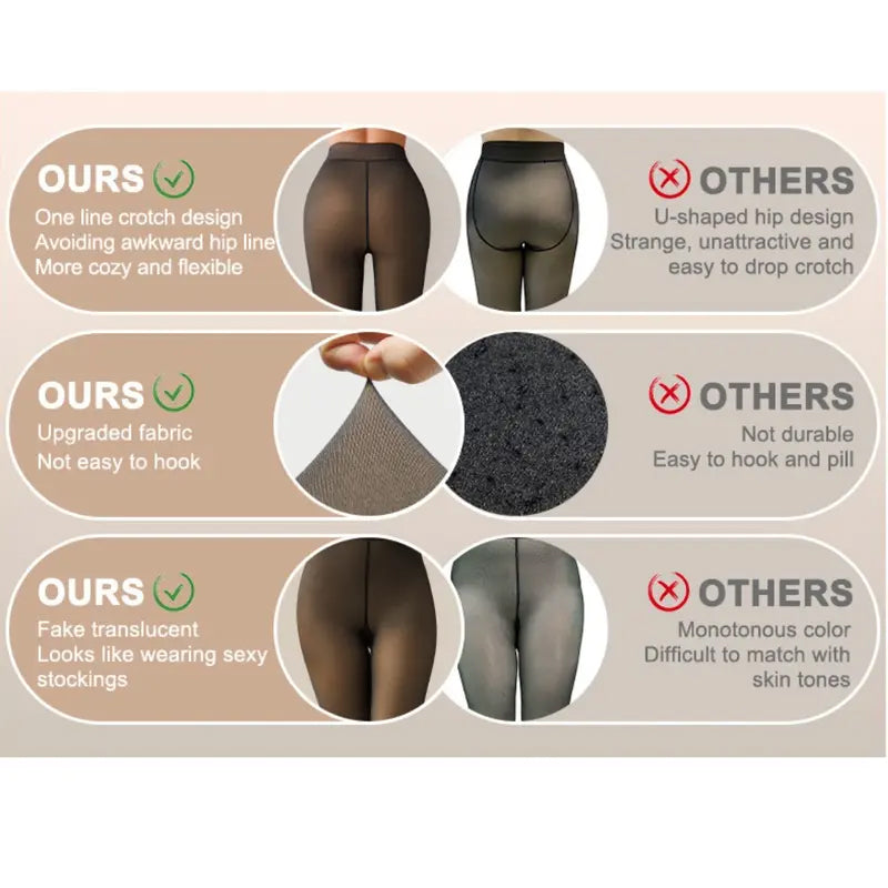 Fleece Lined Tights One-Lined Seams both front and back! Womenswear Size XS - 4XL Thermal Winter Basic Tights Leggings Thick Semi-Transparent Casual Underwear Pantyhose Closed Foot Available in Light Mid Deep Skin Tone 001